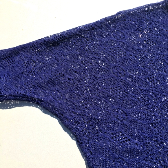 Blue Lace Semi Sheer Netted Blouse Top Size L - Picture 6 of 8